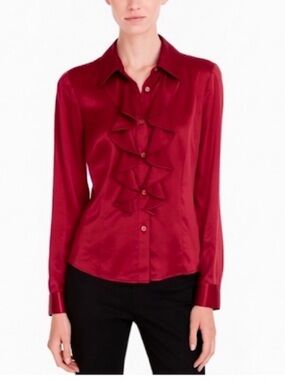 Lafayette 148 New York Silk Red Ruffle Front Blouse